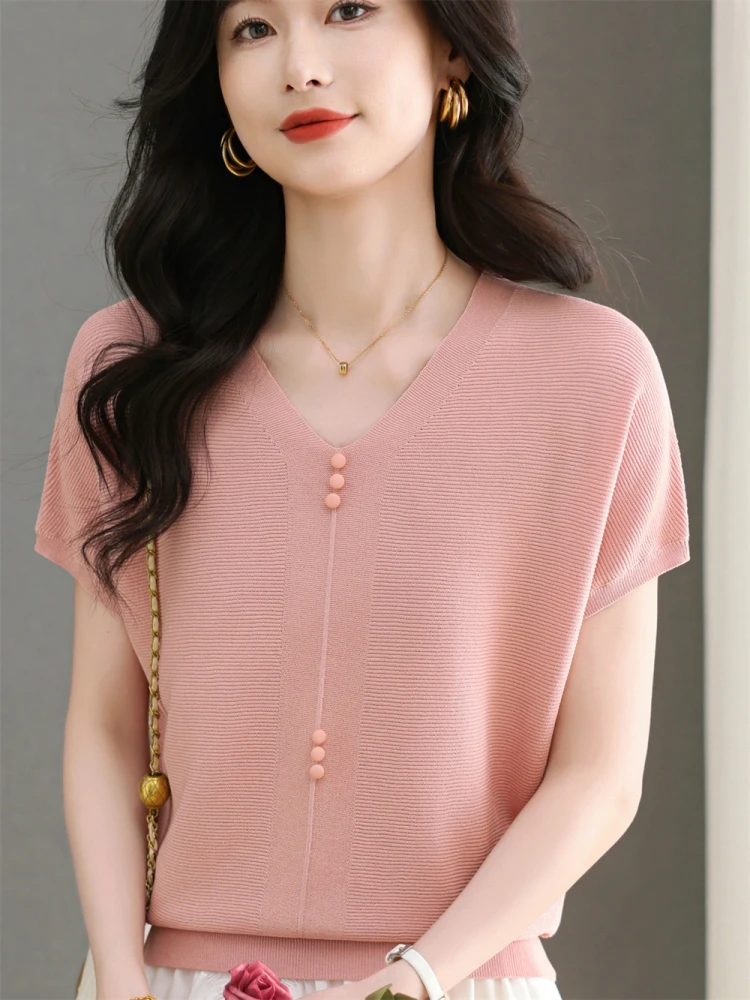 

Модный летний тонкий вязаный топ для молодых мам с V-образным вырезом, свободного кроя, на пуговицах, однотонный, из ледяного шелка