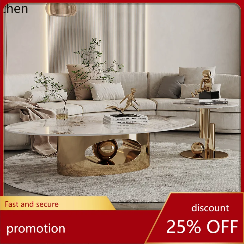 

YFY Italian Style Stone Top Large and Small Coffee Table Set Oval Light Luxury Living Room Postmodern Minimalist Stainless Steel