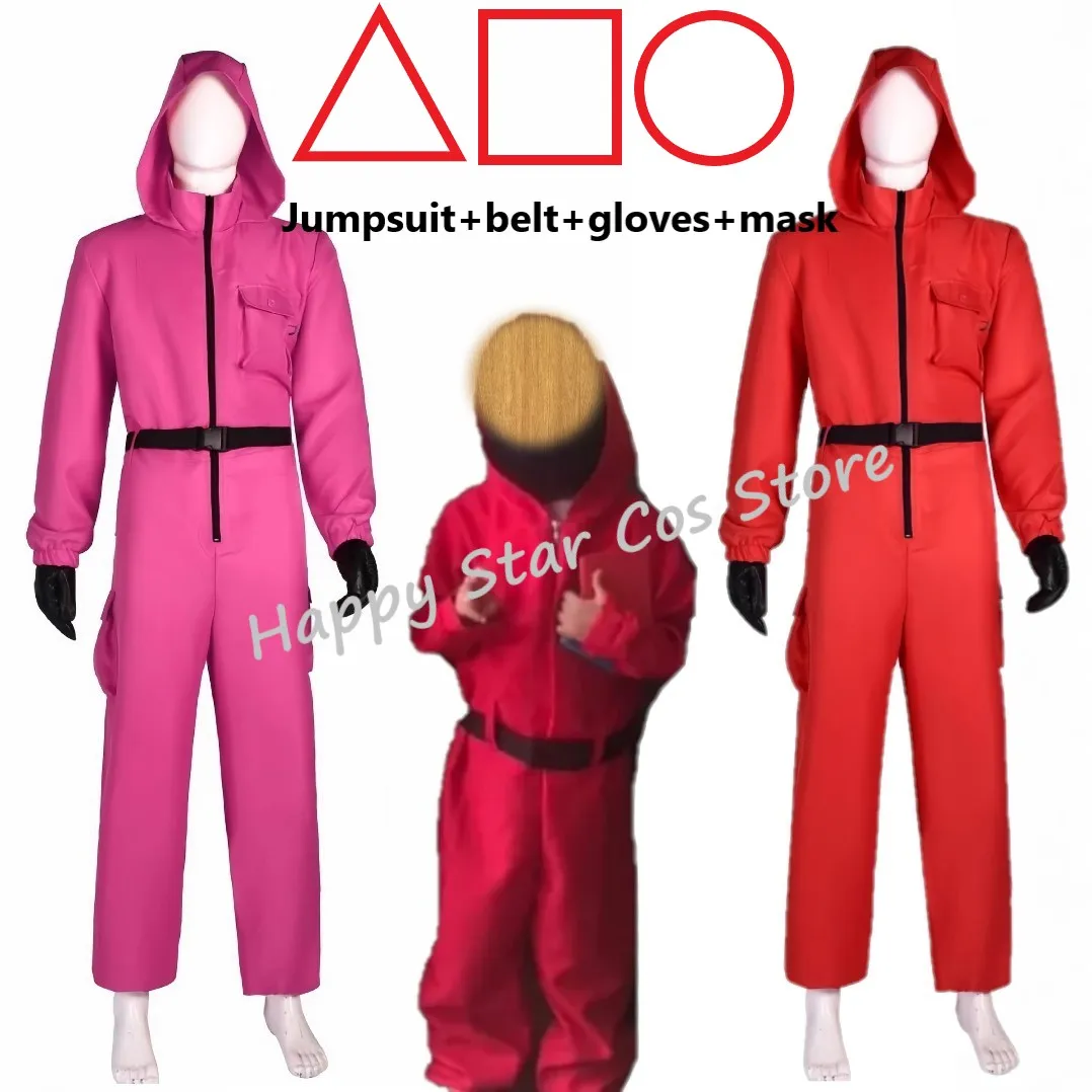 Костюм для косплея Calamari Game Guard на Хэллоуин, красный комбинезон, спортивный костюм для взрослых и детей, подростков, комбинезон с капюшоном, перчатки, маска, комплект