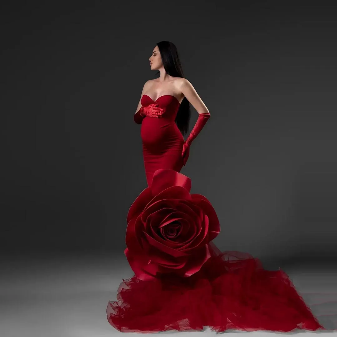 Modern Designer Floral Shaped Prom Dress for Women Strapless Spandex Mermaid Long Evening Dresses Sweetheart Red Maternity Party