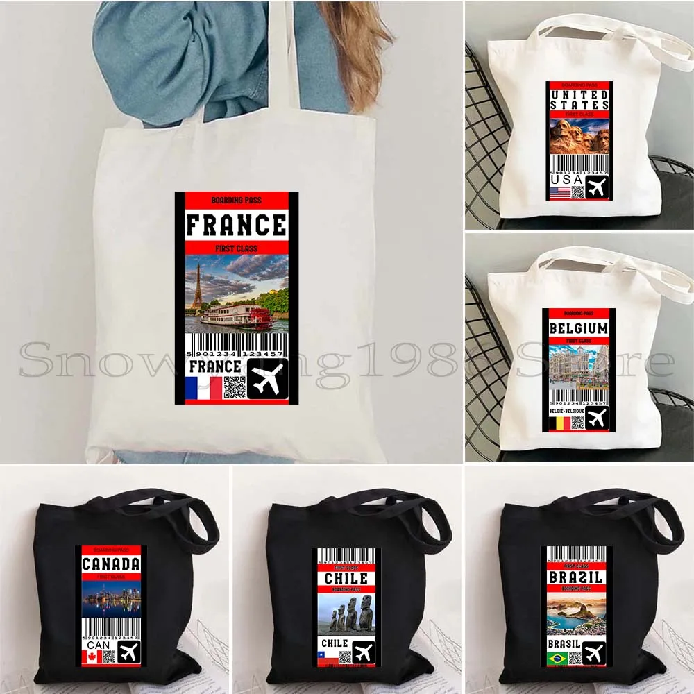 

Russia Germany Italy France Belgium Brazil Canada US First Class Boarding Pass Flight Airplane Ticket Canvas Tote Bag Handbag