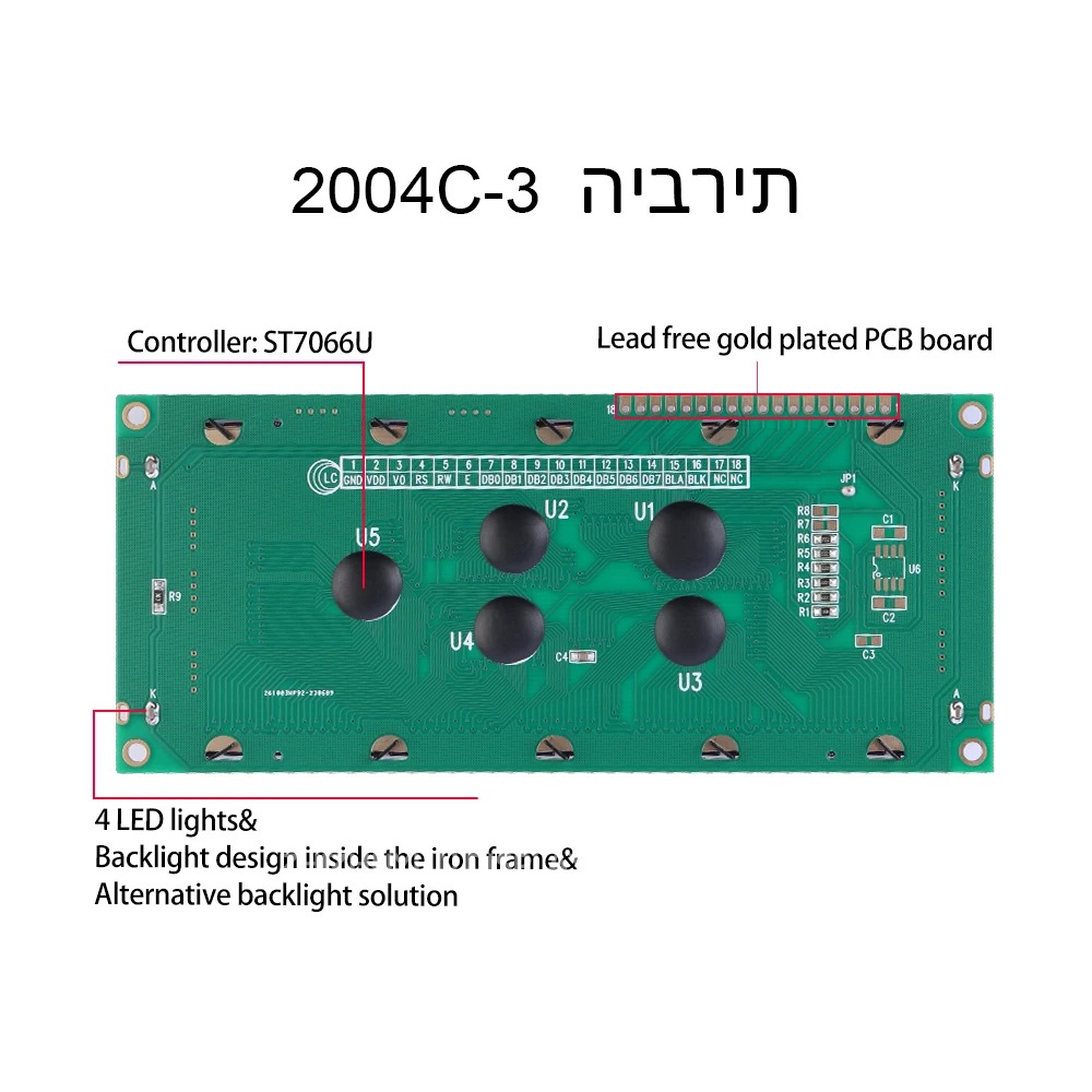 2004C-3 Hebrew Large Character Display BTN Black Film Standard Interface Module ST7066U Controller