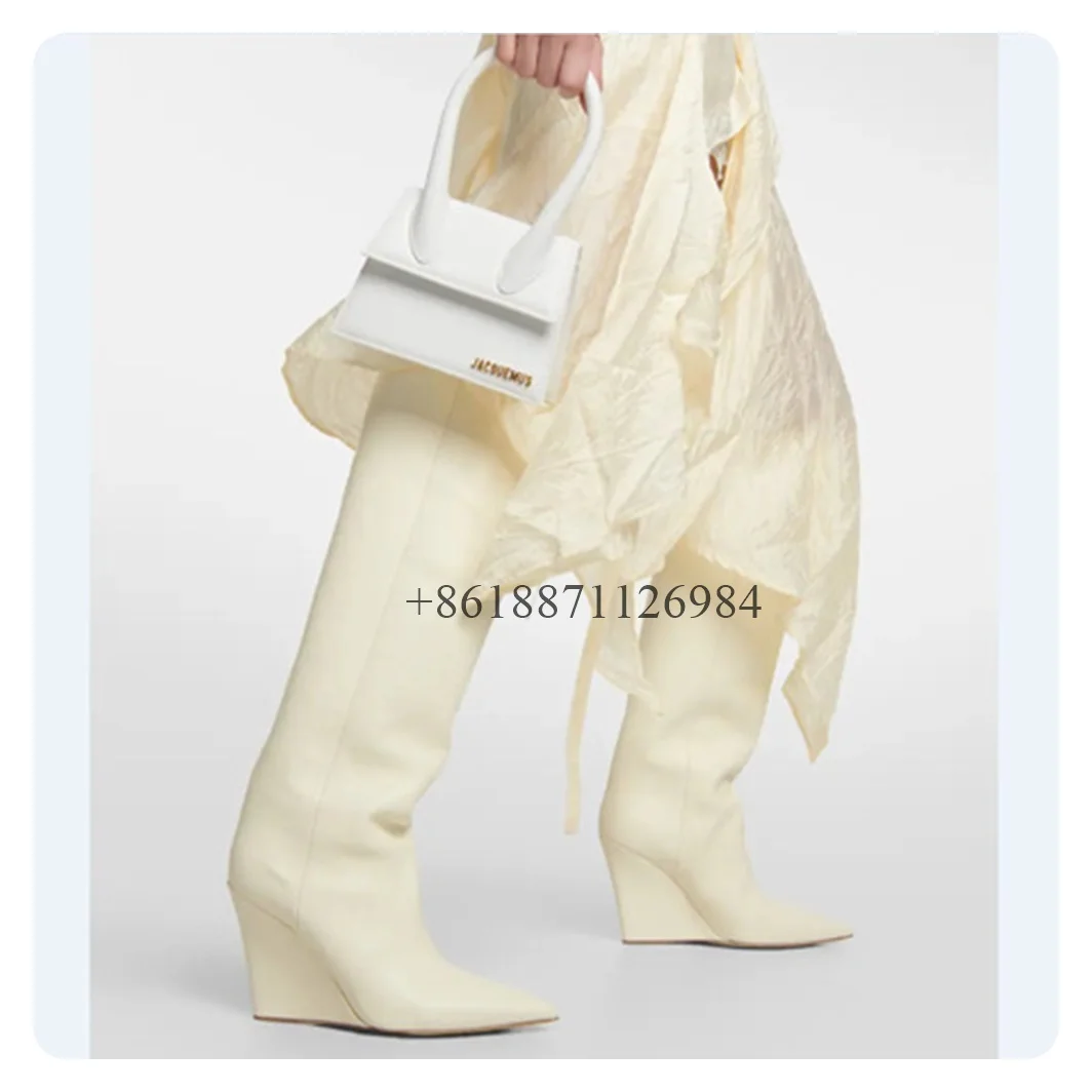 

Fashion Style Soild Pointed Toe Knee High Women Boots Wedges High Heels Slip On Design Large Size Customized Shoes