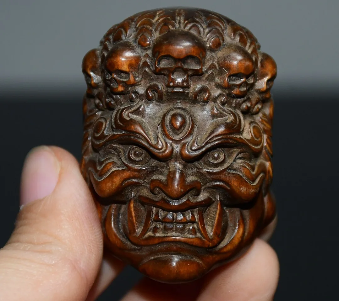 

2"Tibetan Temple Collection Old Boxwood Acalanatha Fudosan Bodhisattva Buddha Head Pendant Amulet Worship Hall