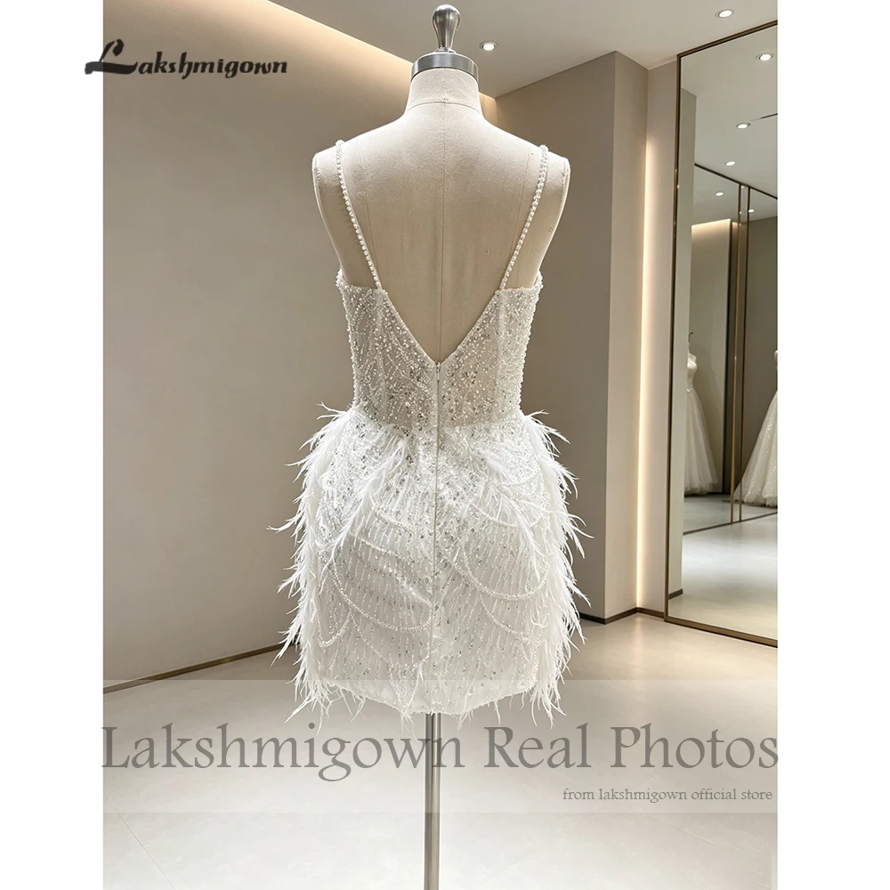 Lakshmigown Glänzendes Paillettenbesetztes Kurzes Hochzeitskleid Echte Fotos Perlenbesetztes Sweetheart-Kleid mit Quasten und Federn Mini-Afterparty-Kleid Maßanfertigung – Detail 6