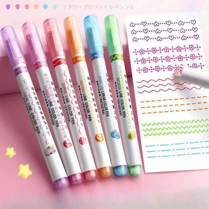 

6Pcs/Set Kawaii Flower Shape Outline Pens Highlighter Marker Curve Roller Tip Pen Stationery School And Office Supplies Gifts