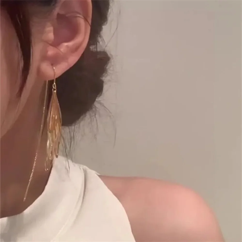 خمر الذهب اللون نمط الفولاذ المقاوم للصدأ سلسلة طويلة ريشة استرخى أقراط للنساء الإناث طويلة الشرابة أقراط مجوهرات