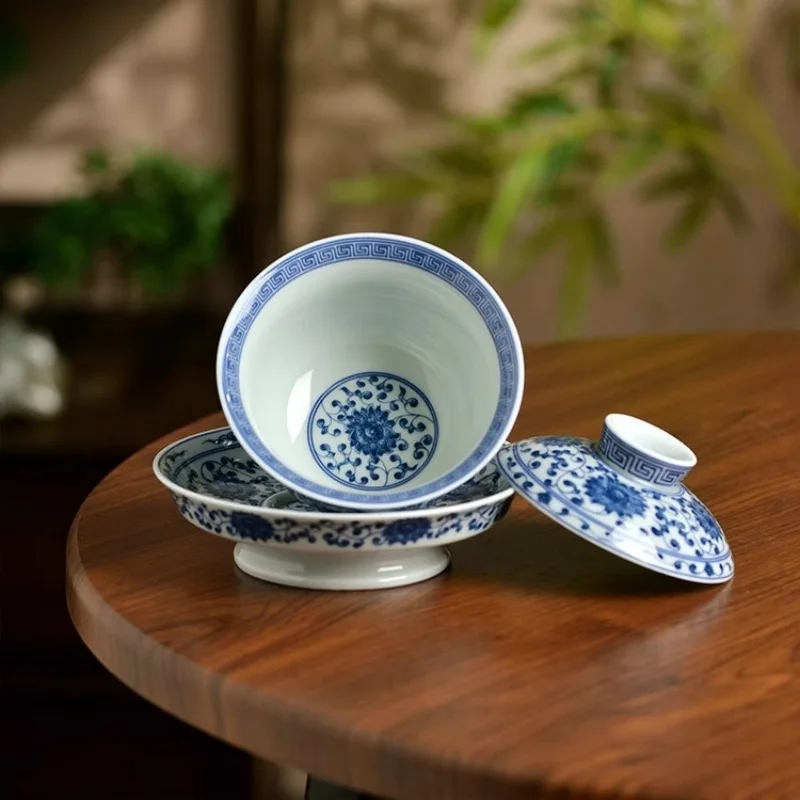 Fake Antique Blue and White Eight Treasures Gaiwan Non-Scald Tea Brewing Bowl Household Porcelain Kung Fu Large Capacity