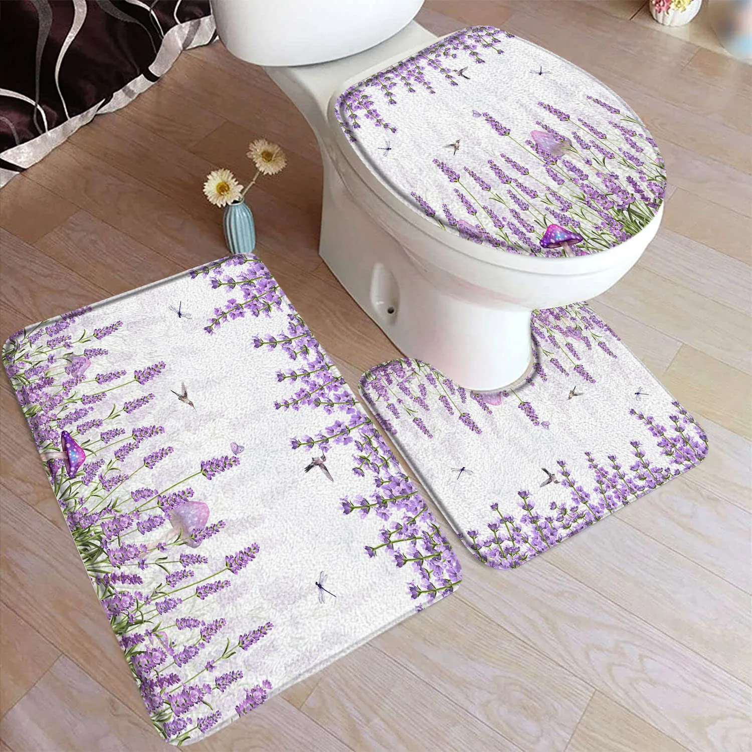 Purple Lavender Bath Mat Set Dragonfly Rustic Floral Plant Grey Wooden Board Home Bathroom Decor Floor Rugs U-Mats Toilet Cover