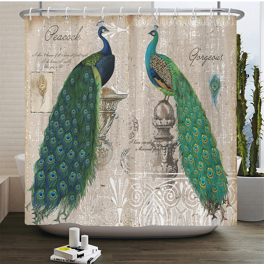 Peacocks Shower Curtains Chinese Birds Feather Bathroom Curtains 3d Retro Flower Waterproof Polyester Bath Screen With Hooks