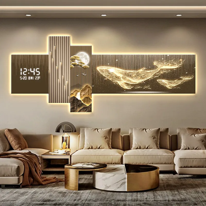 Light Luxury Whale Living Room Decor Artwork Electronic Screen Clock Sofa Accent Wall Hanging Art New Creative Clock Wall Light