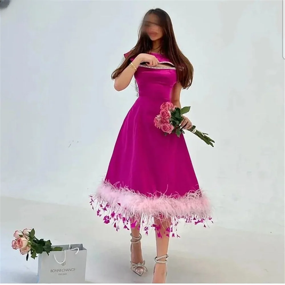 

CustomizedProm Dress Fashion Pink High Neck Feathers Sequined A Line Evening Tea Length Elegant Formal Gown Vestidos