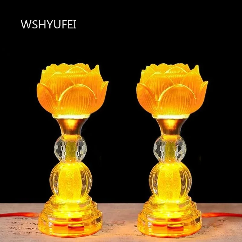 A Pair of LED Lotus Lights Glass Lotus Worship Lamp Household Colorful Long Lasting Lamp Ornament Buddhist Supplies Ornament