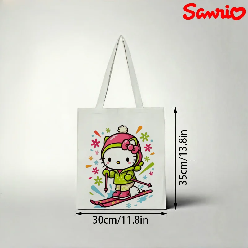 1pc Lovely Hello Kitty in Pink Winter Hat & Green Coat Skiing on Pink Skis with Snowflakes Canvas Tote Bag