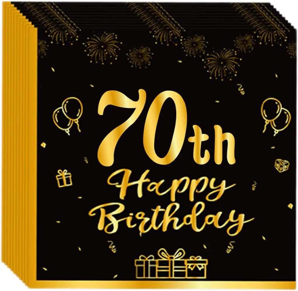 20Pc Black Gold 70th Birthday Serviettes Napkins Birthday Tableware Party Paper Napkins Disposable 70th Birthday Decorations