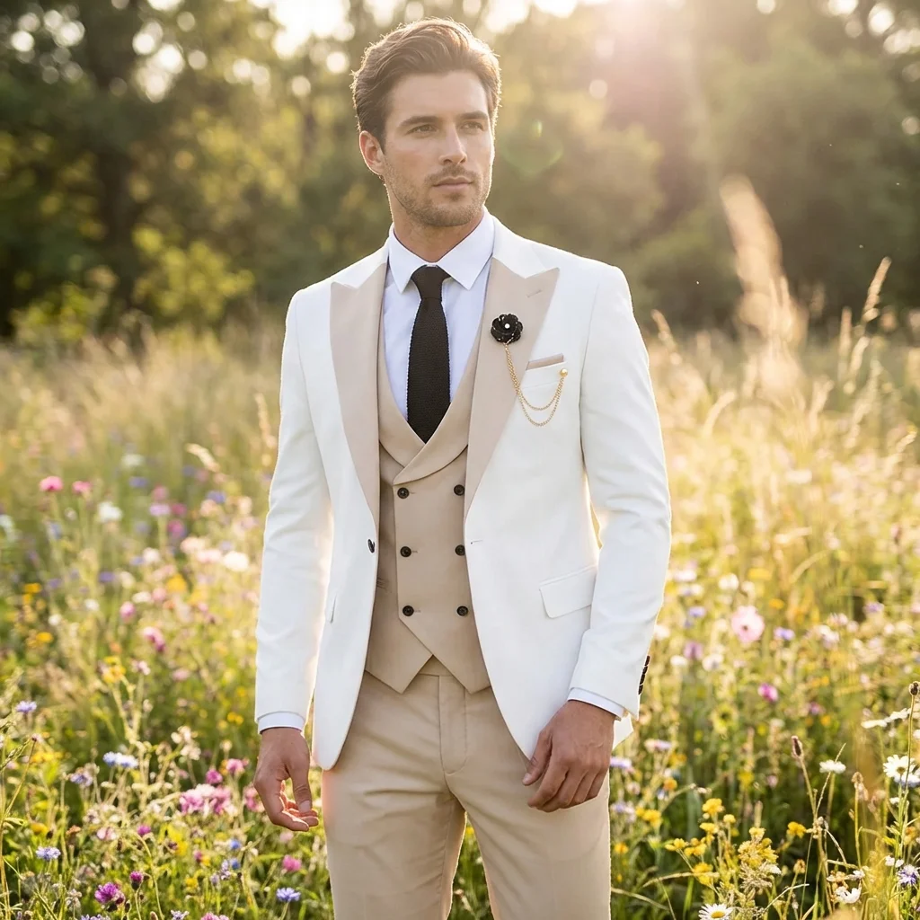 

Белый мужской костюм с контрастными вставками: однобортный смокинг, пиджак, жилет и брюки. Свадебный комплект из 3 предметов, стандартный крой, деловой, на заказ.