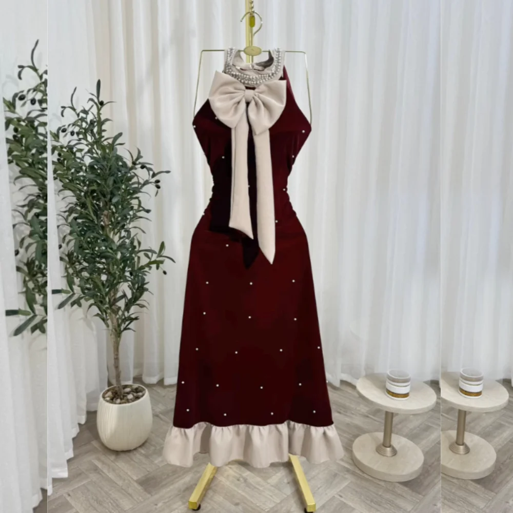 

Customized Glitter Beading Bow High Collar sleeveless Midi Dresses Homecoming Dress Bespoke Occasion Elegant Party