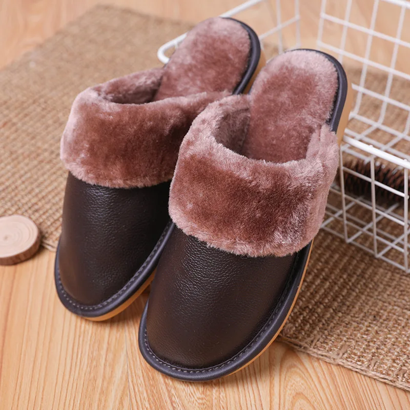 Men Slippers Indoor Leather Winter Waterproof Warm Home Faux Fur Outside Slipper Male Couple Platform Shoes Men Fluffy Big Sizes