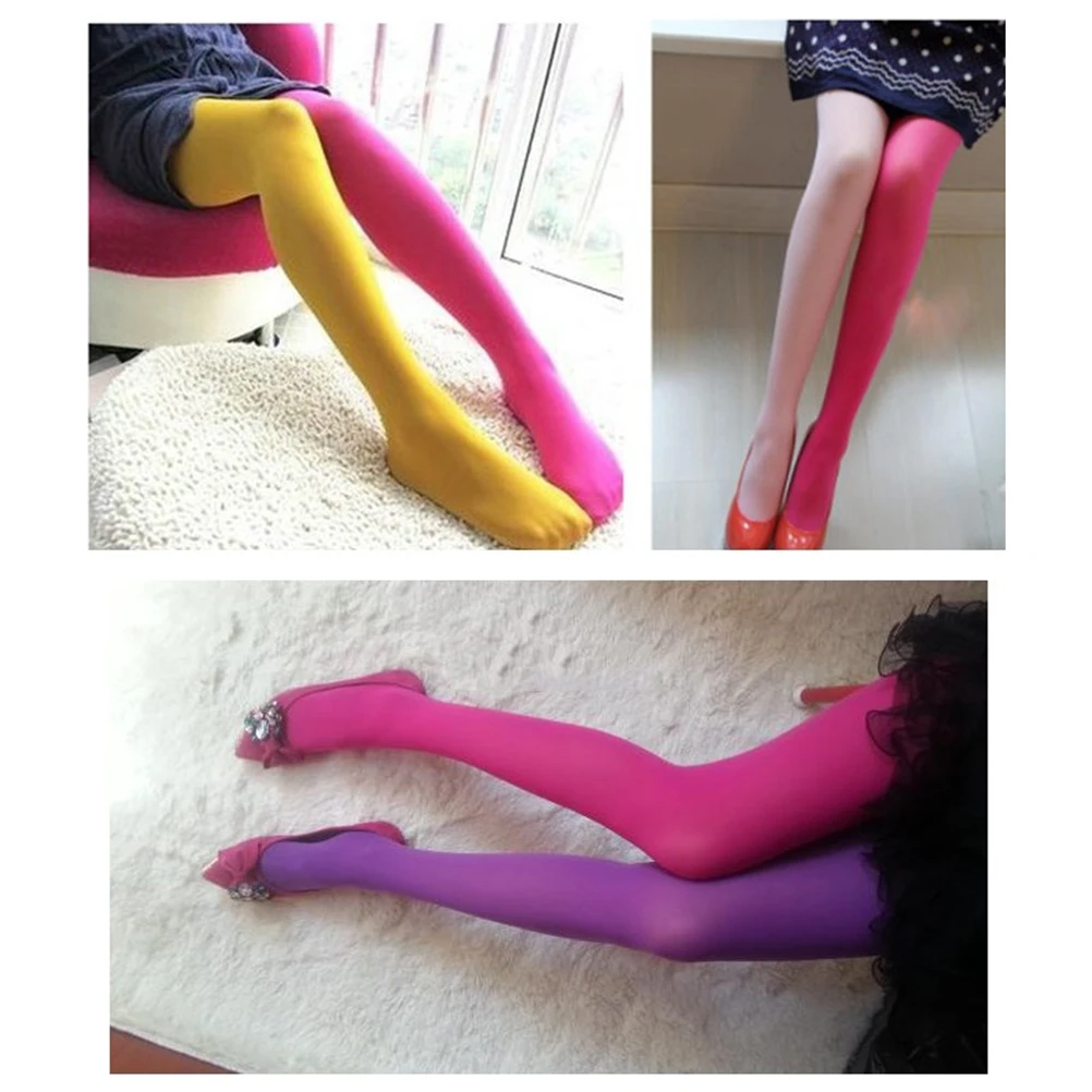 Calze asimmetriche alla moda a doppio colore per le donne Collant di seta elasticizzati Abbigliamento da festa Colori antiscivolo Rosa rossa