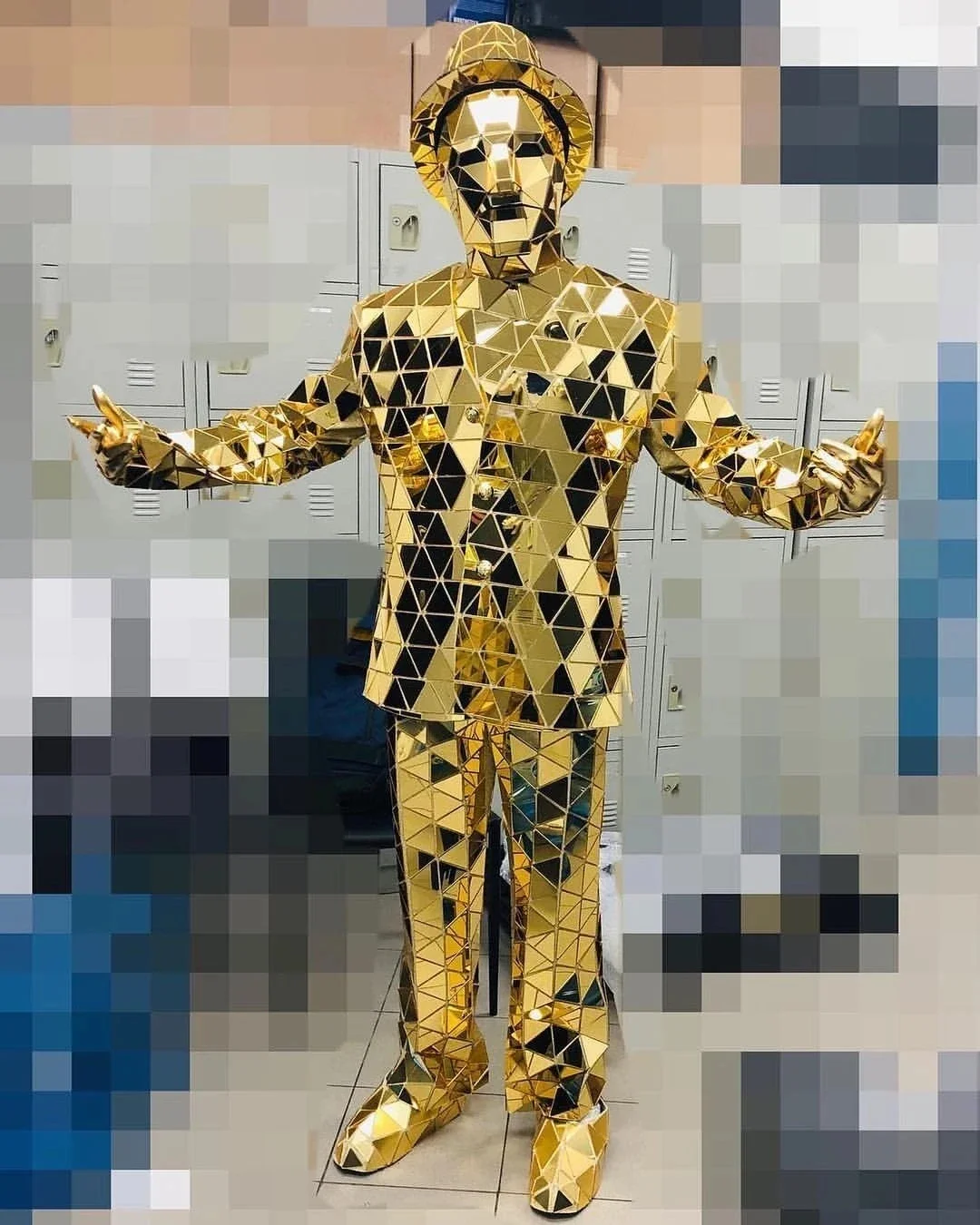 مرآة فضية رجل عرض البدلة هالوين الذهب ملهى ليلي قبعة حفلة تأثيري عيد الميلاد الملابس اليد مخيط بار المرحلة زي