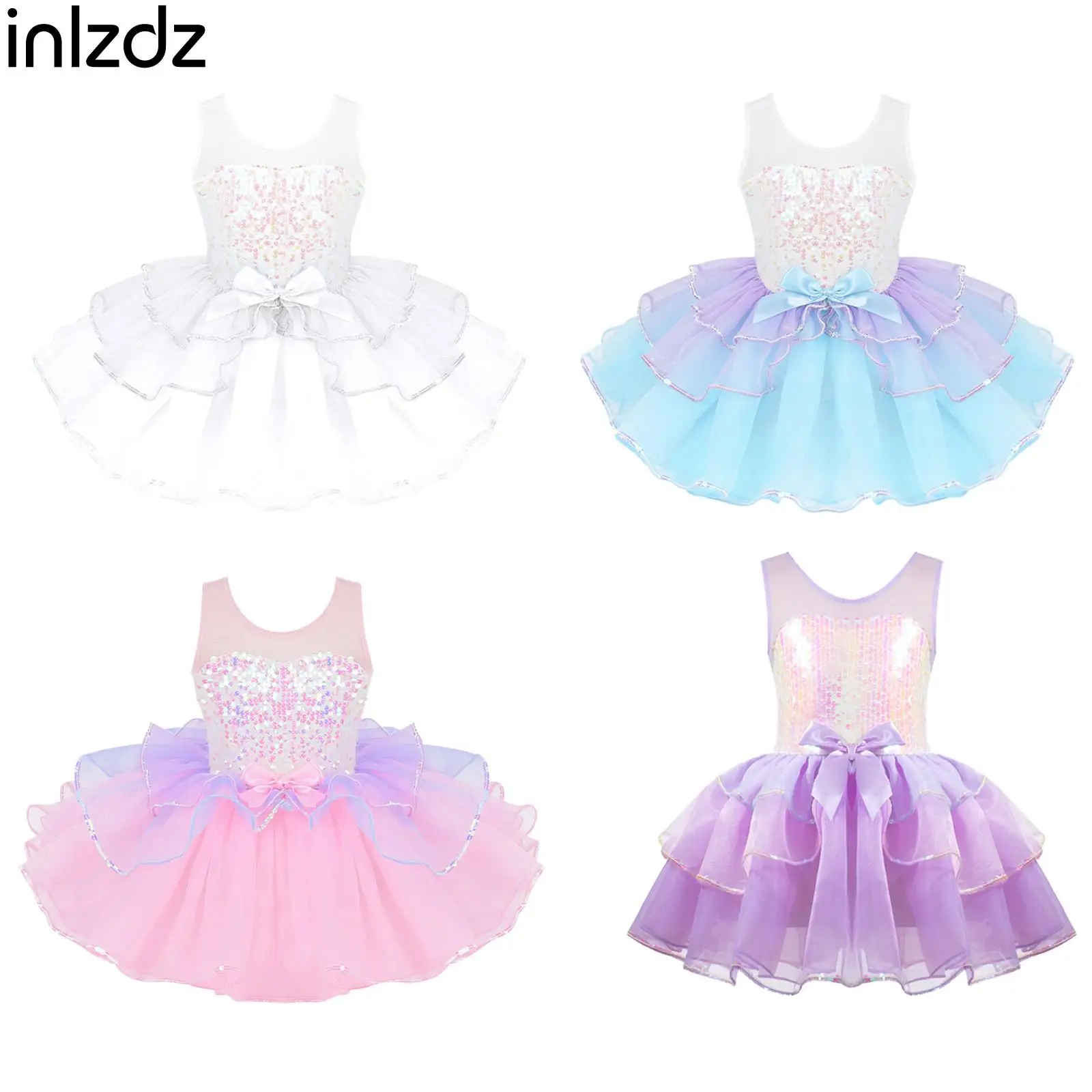 

Children Girls Ballet Dance Leotards Gymnastics Costumes Shiny Sequins Tutu Dresses Dancing Class Training Performance Costumes