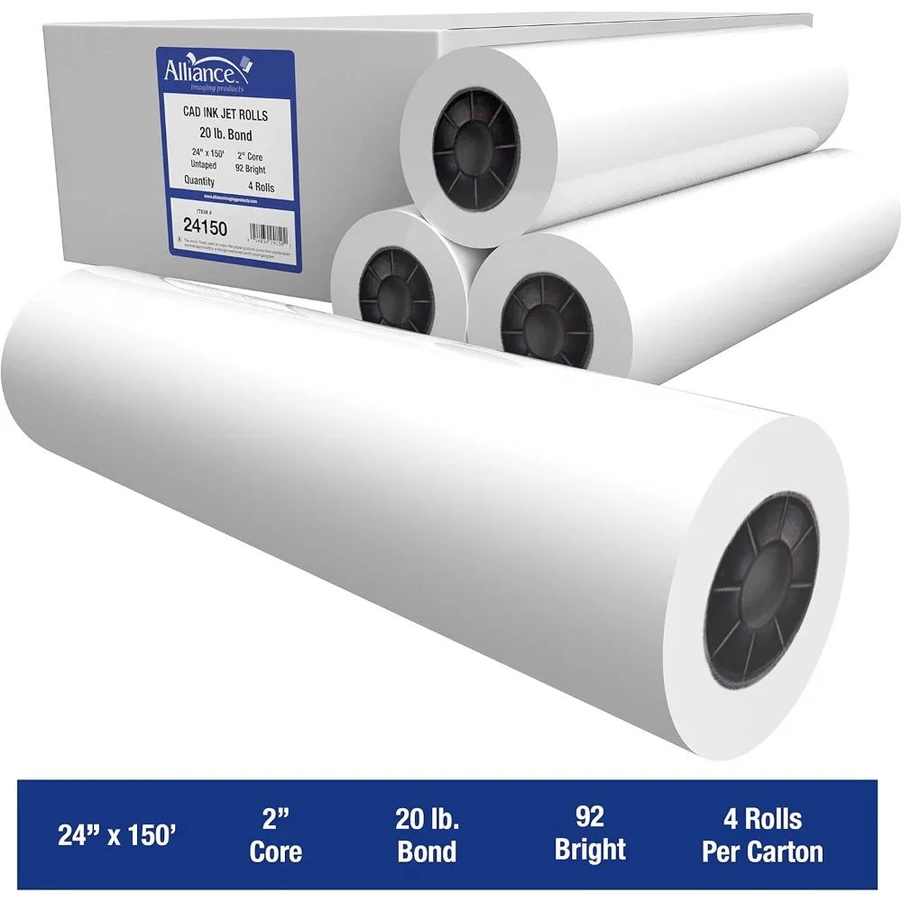 ม้วนกระดาษ CAD Bond ขนาด 24 นิ้ว x 150 ฟุต - 20 ปอนด์, 4 ม้วนพร้อมแกน 2 แกน