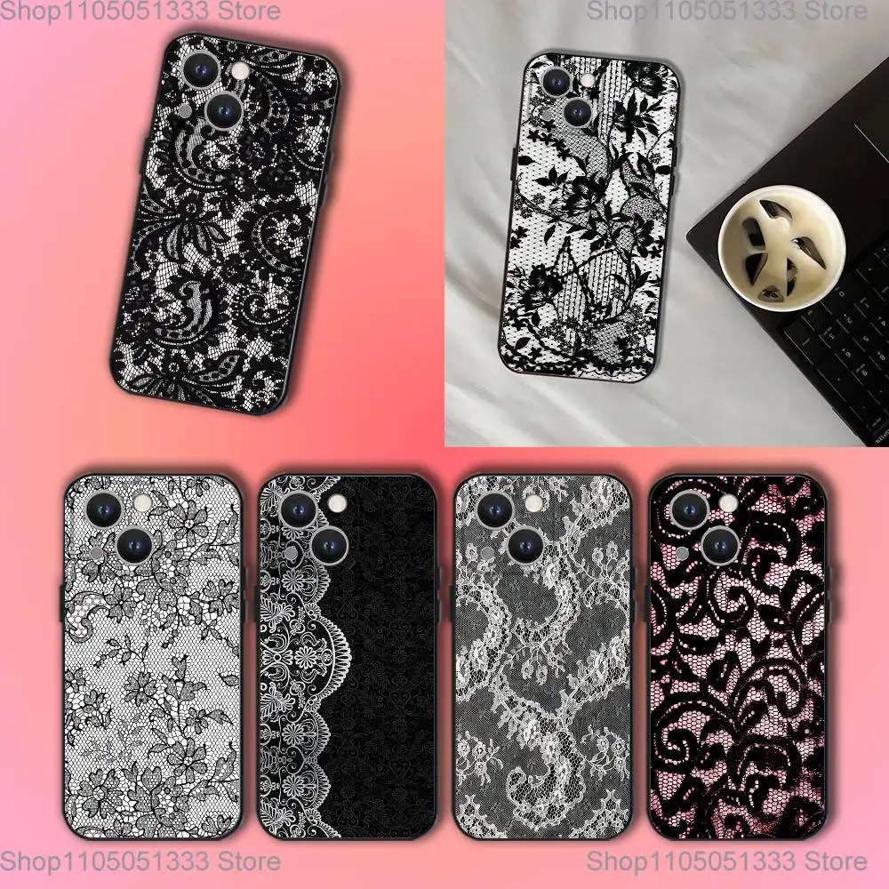 

Vintage Lace Phone Case For iPhone 17,16,15,14,13,12,11,Pro,XS,Max,XR,Plus,E,SE4,Mini Black Soft Cover