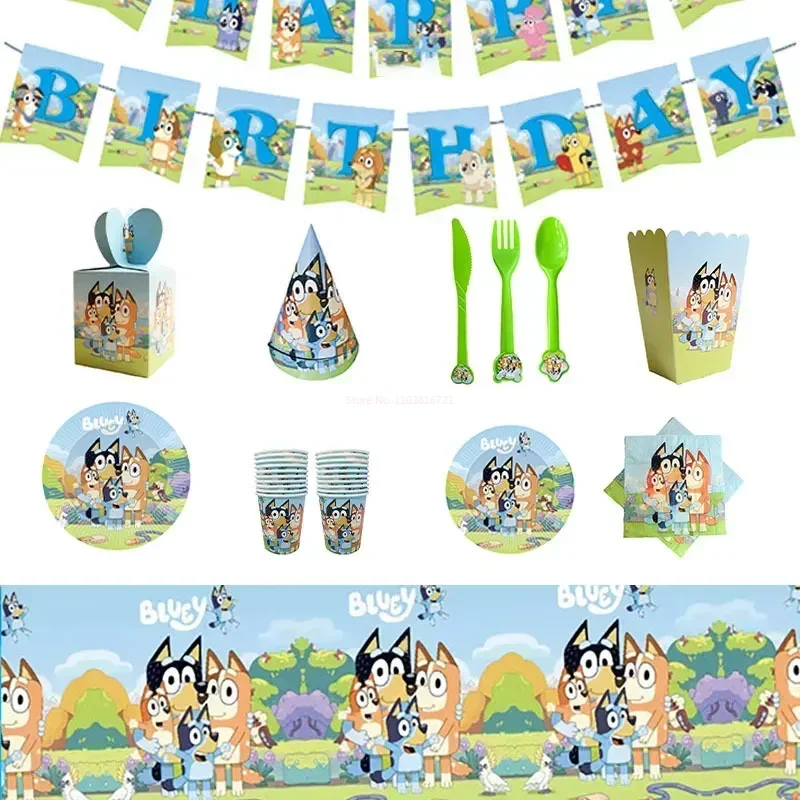 Bluey Birthday Party Supplies Jednorazowa zastawa stołowa Papierowe talerze Papierowe kubki Chusteczki Chłopcy Dekoracja urodzinowa Dzieci Jak