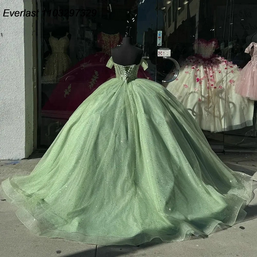 EVLAST Dostosowana Sage Green Off Shoulder Pleat Ball Gown Quinceanera Dress Crystal Beading Sweet 16 Vestidos De 15 Años TQD844