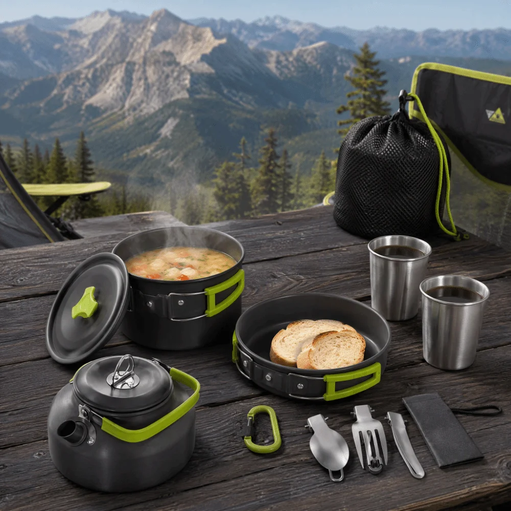 10 Pcs Stackable Cookware Set Compact Storage Bag Included Cooking Gear Aluminum Alloy Stainless Steel Camping Mess Kit