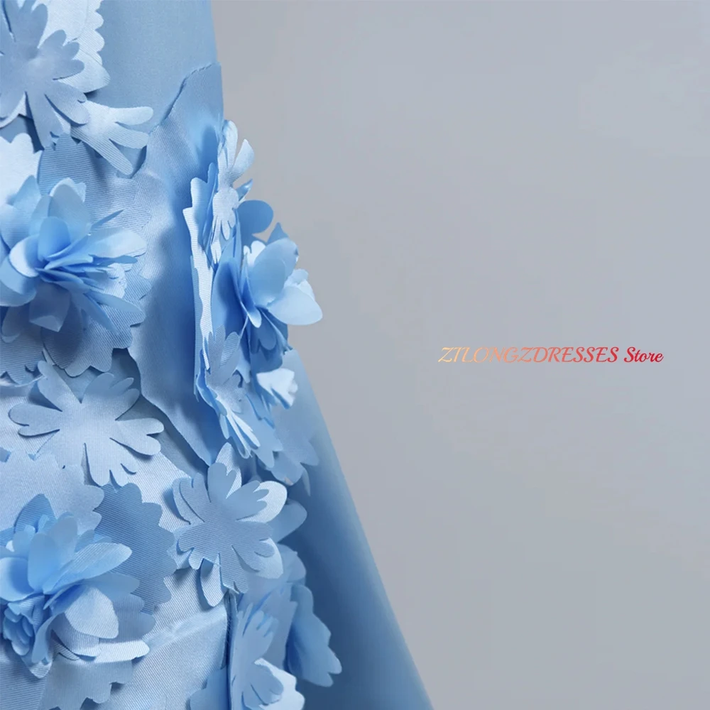 Formal 3D Flowers Customized Evening Dress Soft Blue Jersey Watteau Train Homecoming Dresses Buttons Special Occasion Gowns