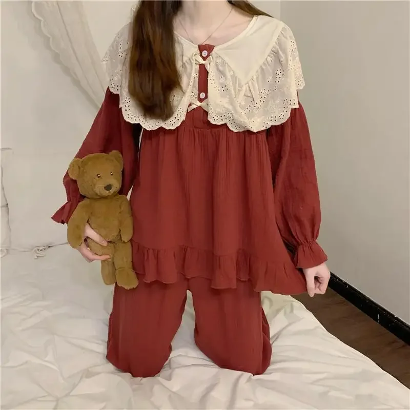 2024 New Oversized Lace Pajamas Women Autumn Winter Loungewear Doll Neck Sleepwear Long Sleeved Falbala Loose Homewear Set