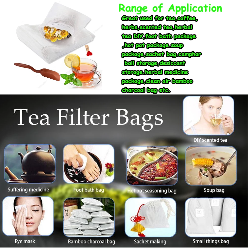 2000-100Pcs Disposable Tea Filter Bags Mesh Sealing Infuser Teabags Empty Bags for Herb Loose Tea Filter Coffee Kitchen