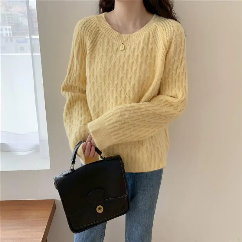 Women's Clothing Round Neck Knitted Jumpers Casual Loose Autumn Winter Colour Solid Color Korean All-match Long Sleeve Sweaters