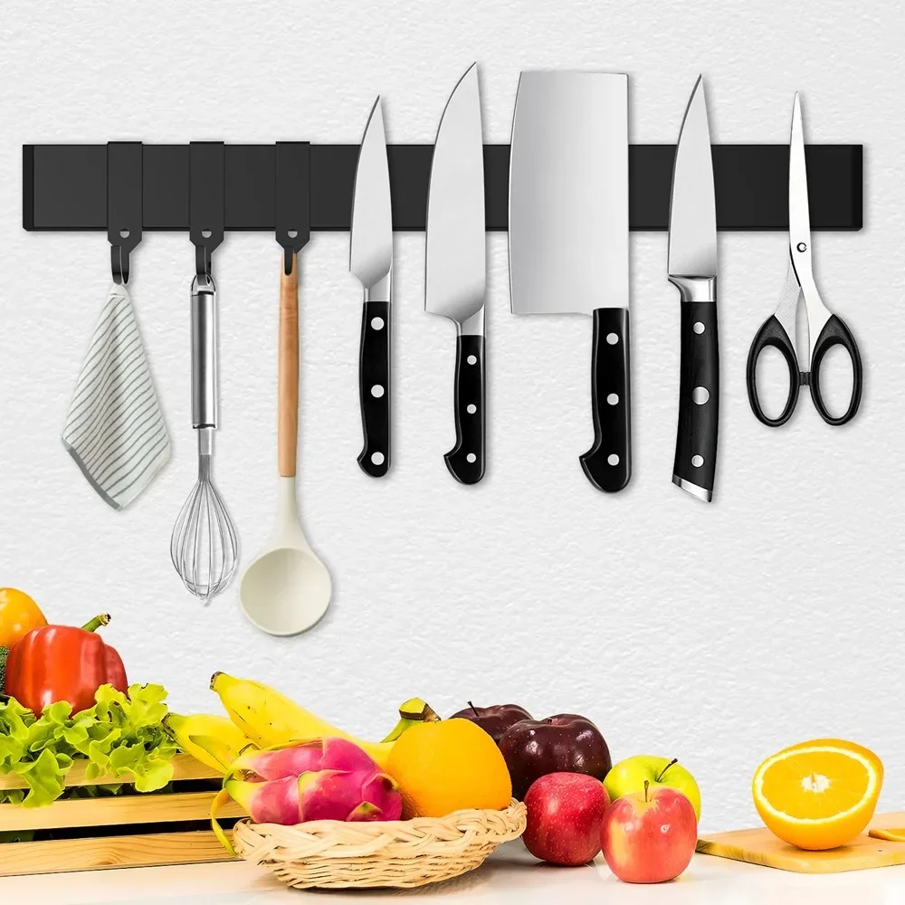 Support magnétique pour couteaux en acier inoxydable de 40 cm avec 3 crochets amovibles, bande magnétique extra-résistante pour couteaux, ustensiles et outils – Organisateur mural peu encombrant idéal pour les amateurs de cuisine bien rangée, les passionnés de rangement d'outils et la désorganisation des comptoirs