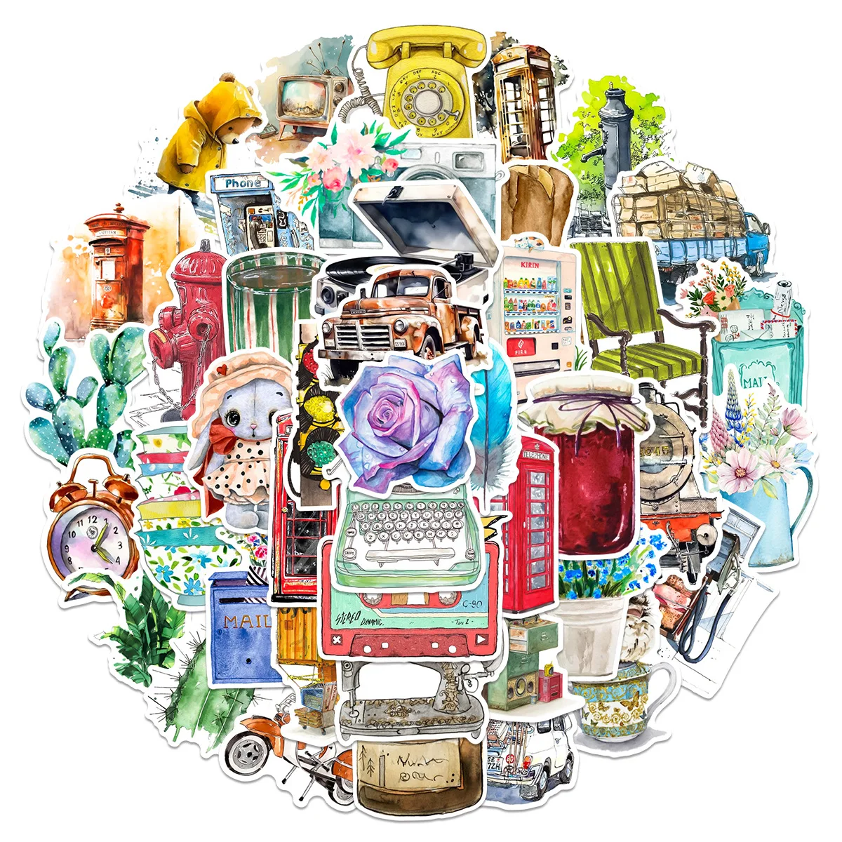 

10/50PCS Retro Watercolor Object Graffiti Sticker Cartoon Personality DIY Skateboard Motorcycle Helmet Bicycle Waterproof Decal