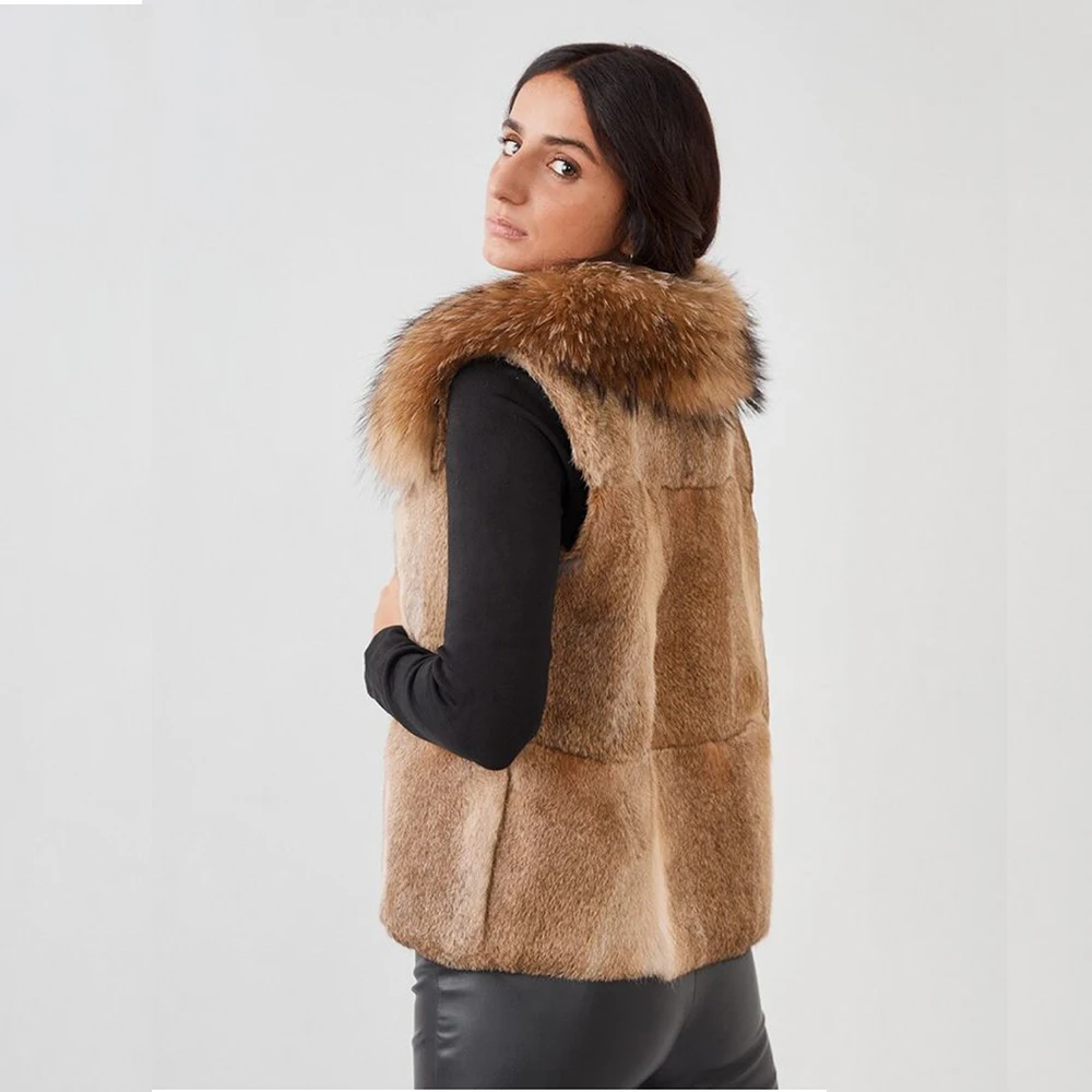 2022 ladies winter fur vest real rabbit fur vest full skin with bigger raccoon fur collar best quality and fast delivery