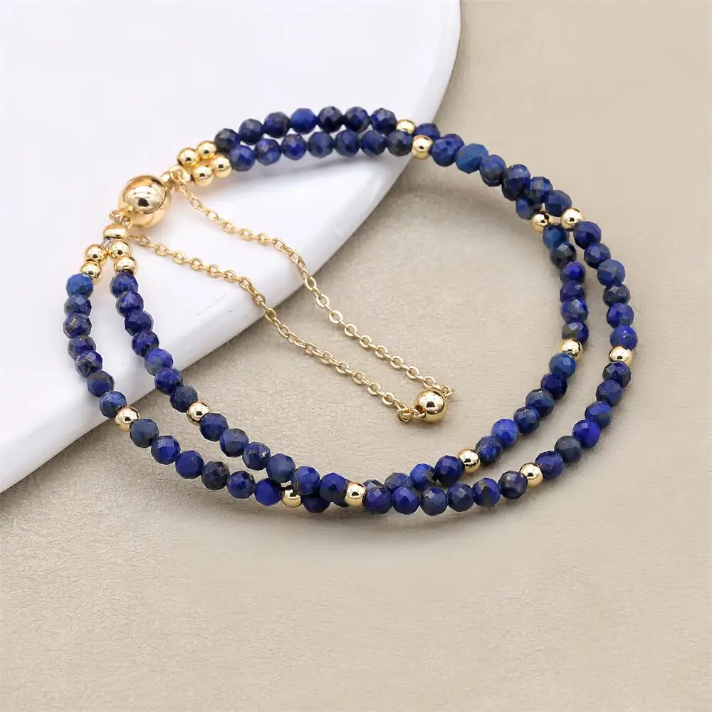 3MM Double Layer Natural Lapis Lazuli Beads Magnetic Buckle Gold Plated Charm Strand Bracelets Handmade Women Jewelry view 4