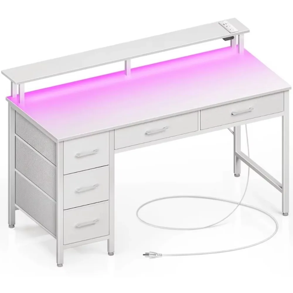 Computer Desk with Power Outlets & LED Light, 47 inch Home Office Desk with 5 Drawers, Writing with Monitor Stand,Work