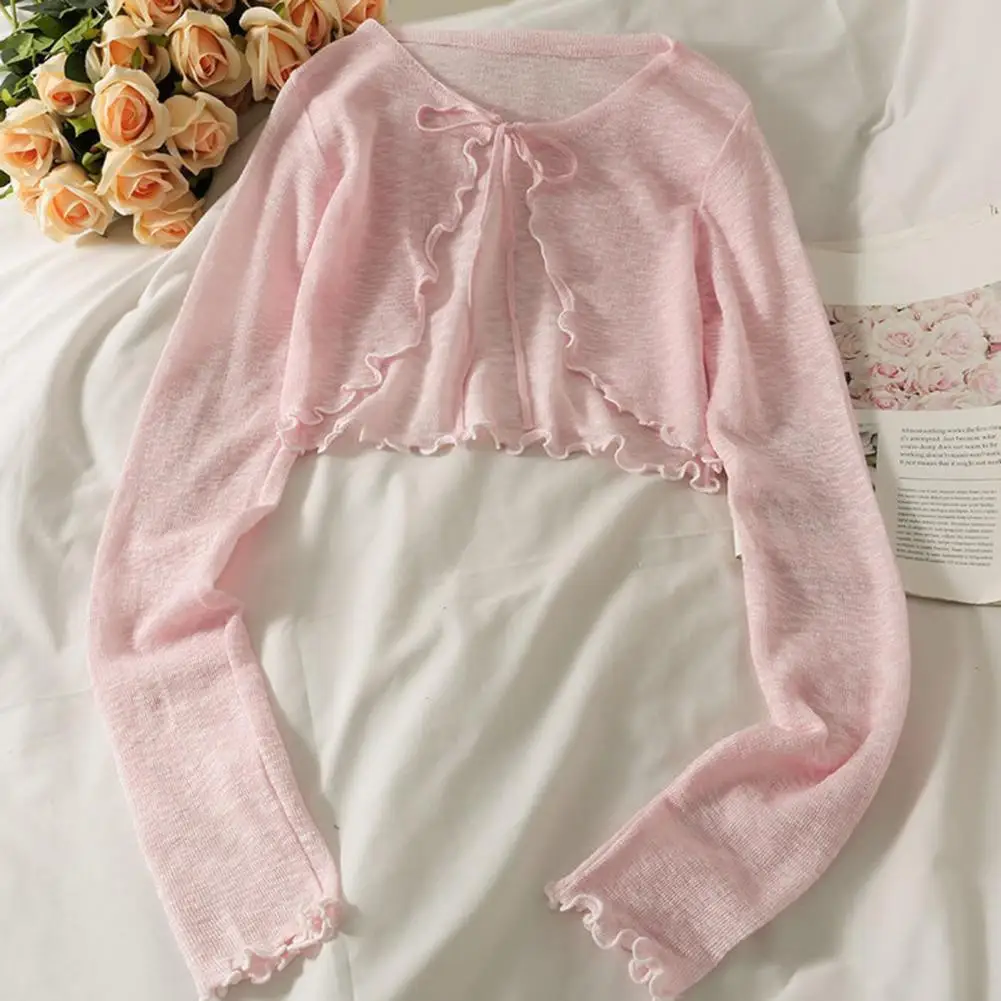 스트랩 디테일이 있는 모던한 카디건 여성용 쉬어 메쉬 비치 커버 업 카디건, 러플 밑단 UV 보호 여름용