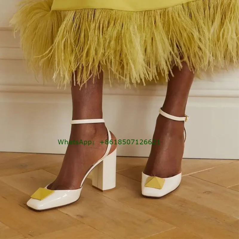 

White Rivet Square Toe Chunky Heel With Slingback Pumps Buckle Simple All-Match Women'S High Heels