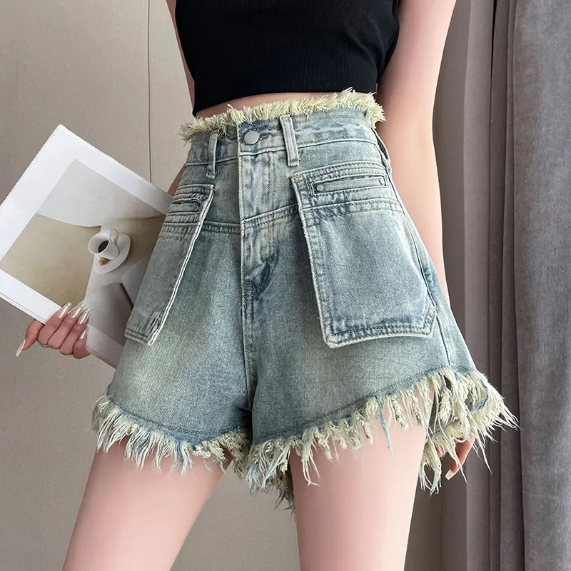 

2024 Summer Women Retro Pockets Denim Shorts Female High Waist A-line Short Jeans Ladies Loose Wide-leg Tassel Shorts L64