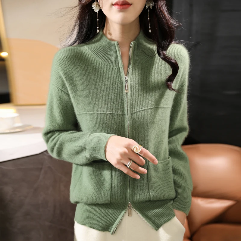 Women 100% Merino Wool Sweater Half-high Collar Cardigan Autumn/Winter Thickening Tops Cashmere Double Zipper Knitting Jacket