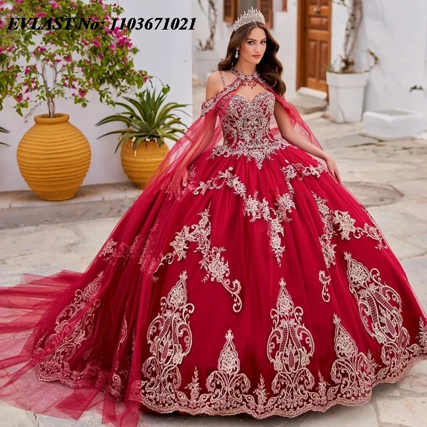 EVLAST Mexican Red Quinceanera Dress Ball Gown Gold Lace Applique Beaded Diamond With Cape Sweet 16 Vestido De 15 Anos SQ255