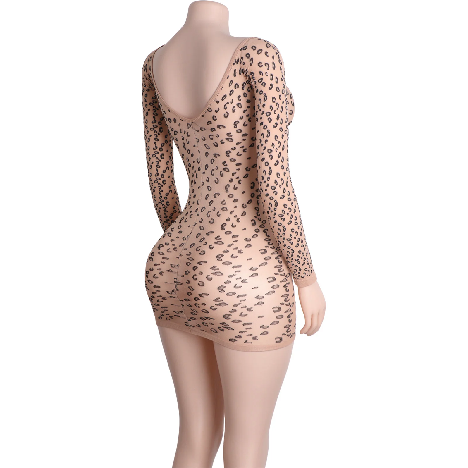 エキゾチックダンスウェア レオパード柄 ボディスーツ ディープVネック 長袖 クラブ パフォーマンス衣装 ストリッパー コスチューム タイトジャンプスーツ