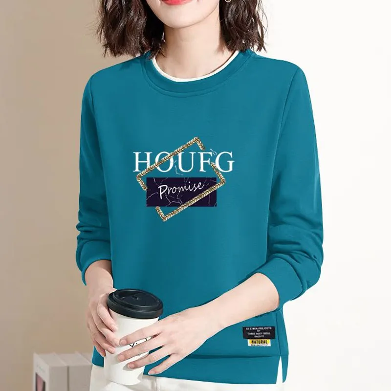 New Autumn Fashion Loose Trendy Round Neck Versatile Age Reducing Fleece Covering Long Sleeve Casual Style Letter Women\'s Sweate