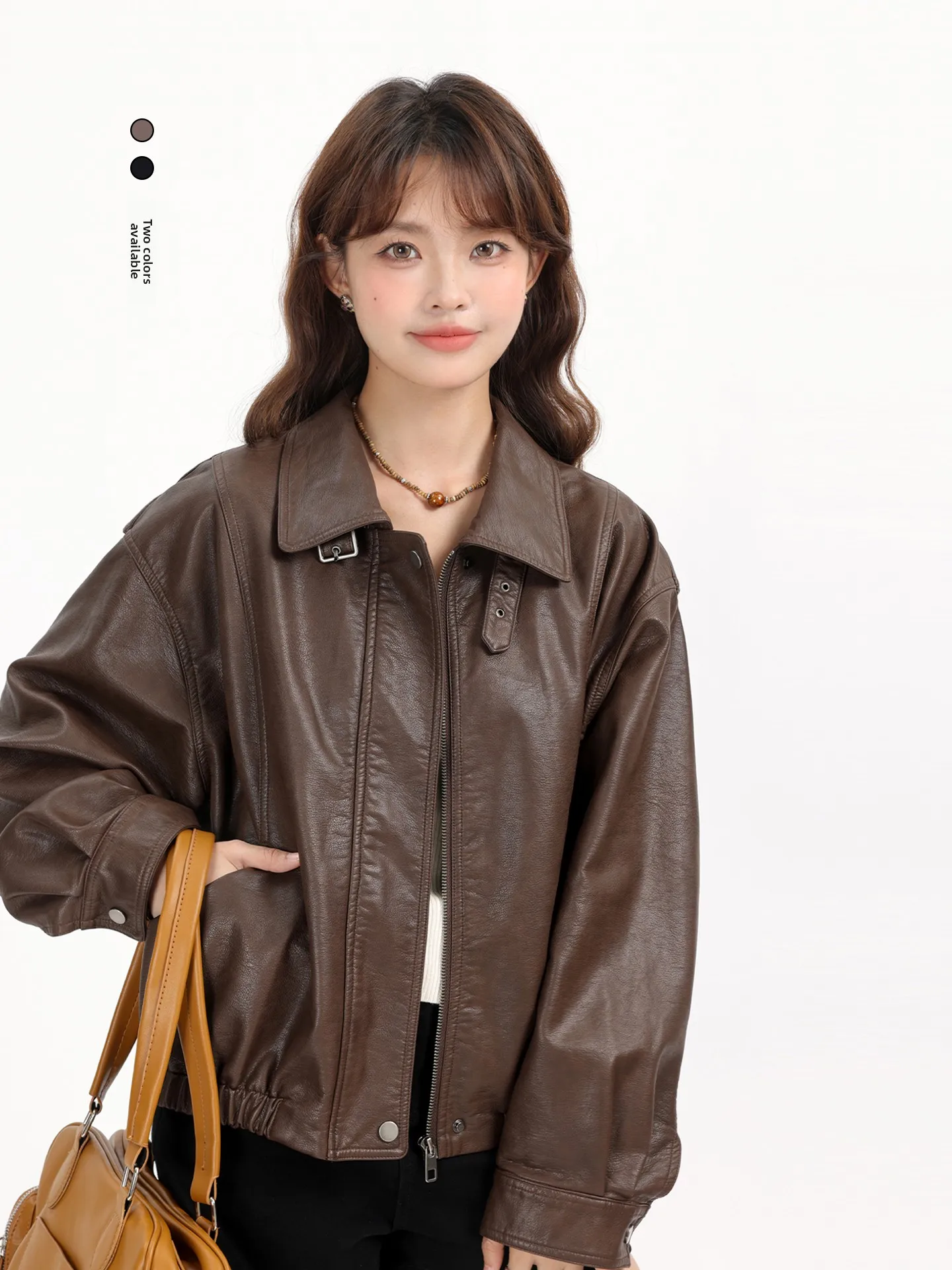 

Retro Coffee Brown PU Leather Jaet Collar Motorcycle Sle Early Autumn New Loose Fit ort Length Zipper Closure Wome...