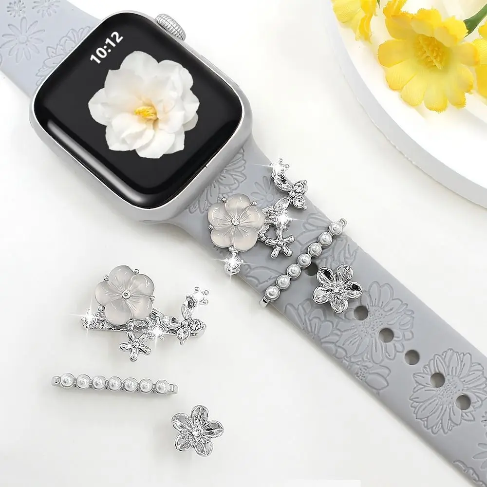 Metal Strap Decorative Ring Flower Jewelry Watch Bracelet Decoration Diamond Watchband Charms Ornament for Apple Watch Strap