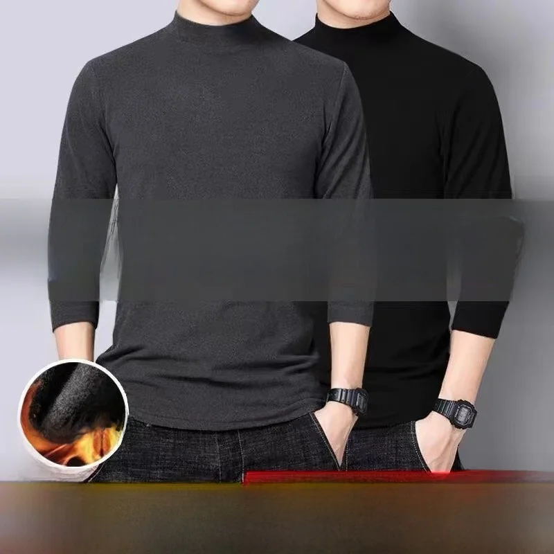 Tagkita Men's High Collar Modal Long Sleeve Thermal Shirt Thick Warm Business Style Winter T-Shirt Slim Fit Youth Fashion