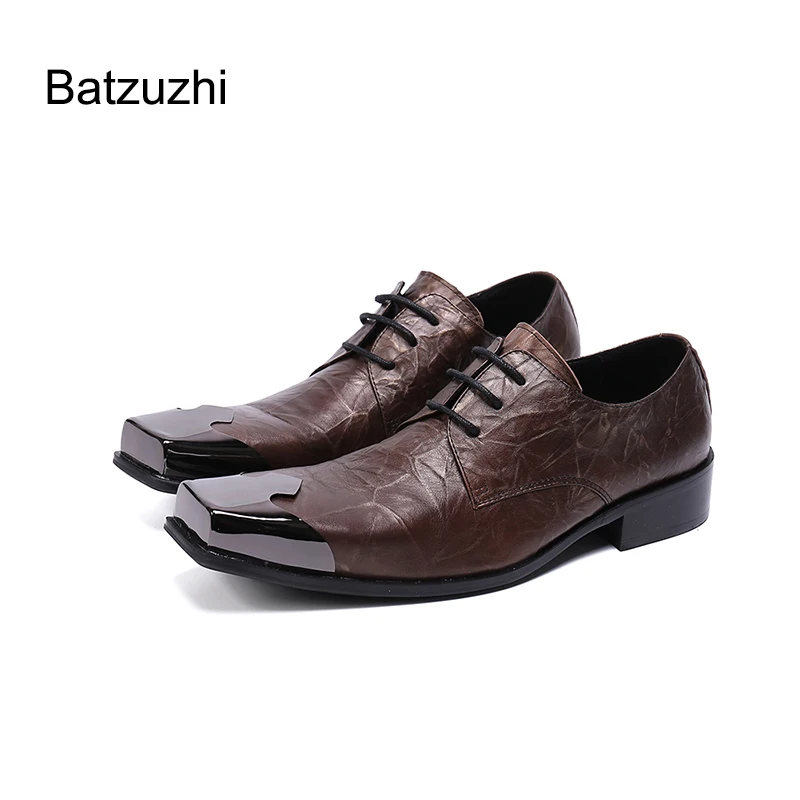 

Batzuzhi Handmade Men's Shoes Square Toe Brown Leather Dress Shoes Men Lace-up Formal Business Shoes Men Zapatos Hombre, EU38-46